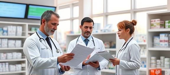 engaged pharmacy compliance, serious, analyzing compliance checklists, photorealistic, a well-organized pharmacy with digital displays and informational charts, highly detailed, employees interacting, 35mm lens, soft pastel colors, natural sunlight through windows, shot with a Sony A7R IV.