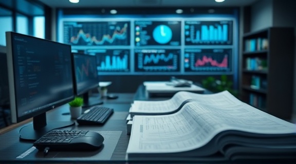 comprehensive marketing analytics, methodical, collating reports, photorealistic, high-tech office with smart technology, highly detailed, analytical tranquility, 6K sharpness, neutral colors, task lighting, shot with a tilt-shift lens