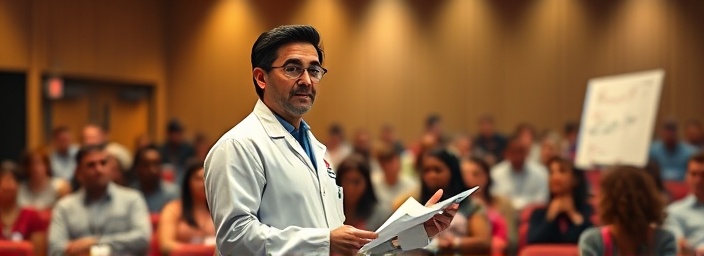 competent pharmacist, knowledgeable expression, conducting a workshop, photorealistic, lecture hall with attentive audience, highly detailed, illustrating with a flip chart, vivid details, vibrant primary colors, spotlight lighting, shot with a 16-35mm wide-angle lens.
