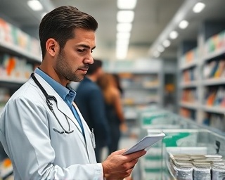 knowledgeable pharmacist, confident expression, reviewing prescription, photorealistic, bustling pharmacy counter with customers in background, highly detailed, scanning barcodes, intricate textures, neutral colors, ambient indoor lighting, shot with an 85mm lens.