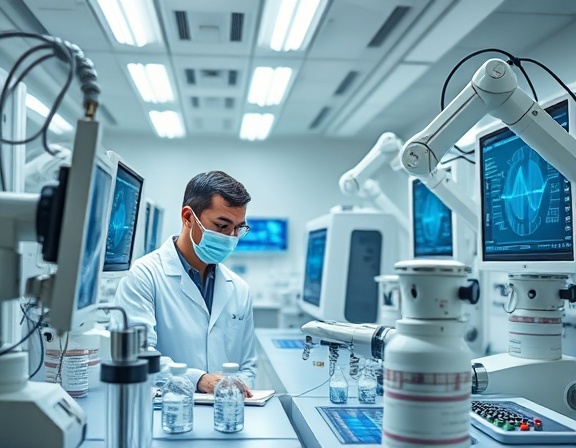 high-tech compounding lab, focused scientists, collaborating over formulation, photorealistic, futuristic lab with digital monitors and robotic arms, highly detailed, intermittent digital readings, 4K quality, white and silver tones, sharp LED lighting, shot with a 24-70mm zoom lens.
