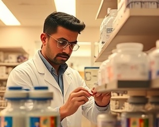 skilled pharmacist, determined expression, preparing medicine, photorealistic, organized workspace filled with pharmaceutical equipment, highly detailed, methodical actions, sleek reflections, warm beige tones, fluorescent lighting, shot with a 35mm lens.