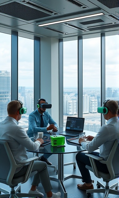 strategic innovation meeting, team actively discussing future pharmacy technologies, utilizing VR and AI tools, photorealistic, high-tech office with floor-to-ceiling windows overlooking a smart city, highly detailed, futuristic furniture and devices, tech-savvy green and gray tones, natural daylighting, shot with an 85mm lens.