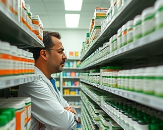 pharmacy expert, focused expression, organizing drug inventory, photorealistic, neat rows of medication bottles, highly detailed, meticulous arrangement, high-definition clarity, muted greens, even overhead lighting, shot with a 24mm lens.