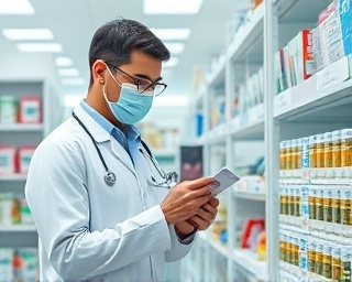 observant compliance pharmacist, attentive, examining medication labels, photorealistic, spotless pharmacy with glass counters and organized sections, highly detailed, assistant tidying shelves, 45mm lens, bright sterile colors, clean overhead light, shot with a Leica Q2.
