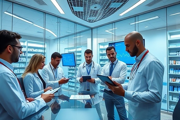 modern pharmacy strategy workshop, focused group of professionals brainstorming, engaging with digital tablets, photorealistic, contemporary conference room with glass walls and digital displays, highly detailed, high-tech equipment and charts visible, corporate blue and silver palette, soft overhead lighting, shot with a 50mm lens.