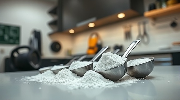 pristine exercise compounds, focused, measured out into scoops, photorealistic, in a modern kitchen setting with workout gear nearby, highly detailed, subtle grain textures, hyper-real clarity, neutral tones with bright highlights, ambient ceiling lighting, shot with a 50mm f/1.8 lens.