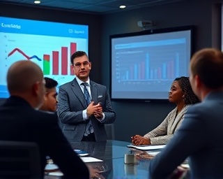 diligent compliance consultant, analytical, presenting audit results, photorealistic, conference room with digital projector and charts on the wall, highly detailed, team listening intently, 85mm lens, dark professional colors, well-lit but focused lighting, shot with a Canon EOS 6D.