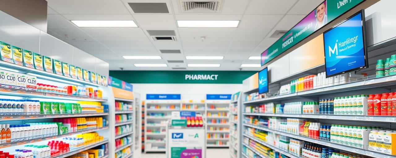 dynamic pharmacist advertising, engaging, showcasing new medical products, photorealistic, in a modern pharmacy with sleek shelving and digital displays, highly detailed, vibrant product highlights, sharp focus, bright fluorescent lighting, shot with a 50mm lens.