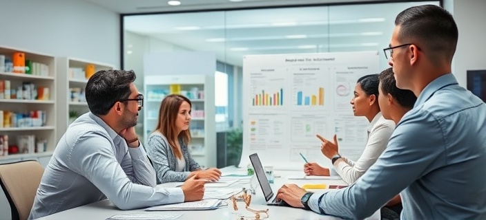 effective pharmacy strategy, determined, planning marketing moves, photorealistic, office environment with team brainstorm session, highly detailed, strategy charts and vibrant brainstorming tools, ultra clarity, cool shades, focused overhead light, shot with a 24mm lens.