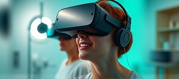 immersive patient engagement, determined expression, utilizing VR for treatment plans, photorealistic, clinic room with VR headsets, highly detailed, virtual reality in use, cinematic quality, deep blues and greens, spotlight illumination, shot with a 70mm lens