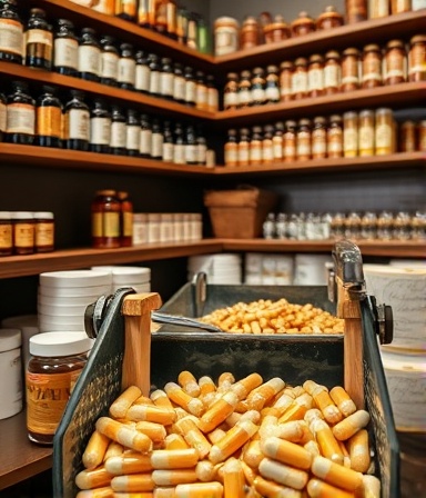 organic health compounds, peaceful, being sorted into capsules, photorealistic, in a rustic apothecary with wooden shelves, highly detailed, subtle shadows, precise clarity, earthy tones, warm ambient lighting, shot with a 70-200mm telephoto lens.