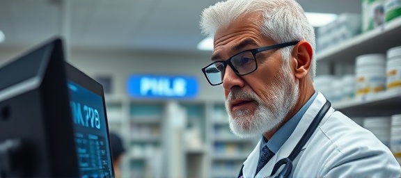 veteran pharmacist, thoughtful expression, checking drug interactions, photorealistic, modern pharmacy interior with digital displays, highly detailed, analyzing data on a screen, precise contours, cool gray hues, LED lighting, shot with a 105mm macro lens.