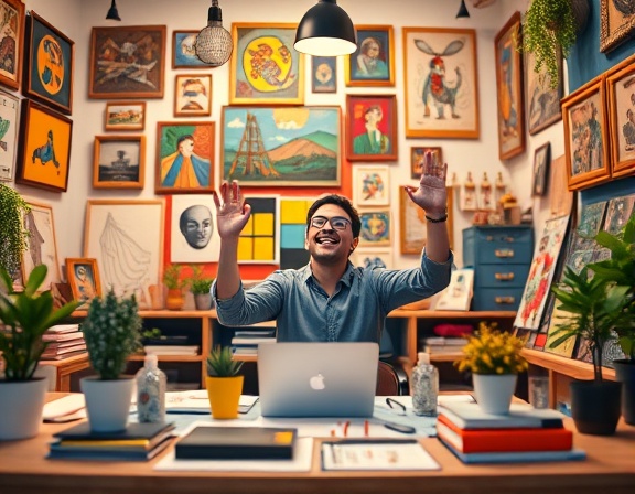innovative marketing campaign, excited, brainstorming ideas, photorealistic, creative workspace adorned with art, highly detailed, vibrant creativity, 6K resolution, colorful palette, ambient light, shot with a 50mm prime lens