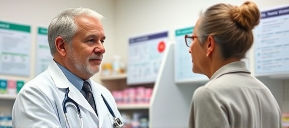 seasoned pharmacist, insightful expression, advising a patient, photorealistic, pharmacy consultation room with informative posters, highly detailed, engaging dialogue, crisply rendered, soft pastels, diffused lighting, shot with a 50mm f/1.4 lens.