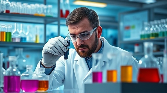 compounding solutions, innovative chemist, evaluating complex mixtures, photorealistic, advanced laboratory with glassware racks and sample testing area, highly detailed, colorful chemical reactions in test tubes, high-definition, vivid color palette, mixed light sources, shot with a tilt-shift lens.