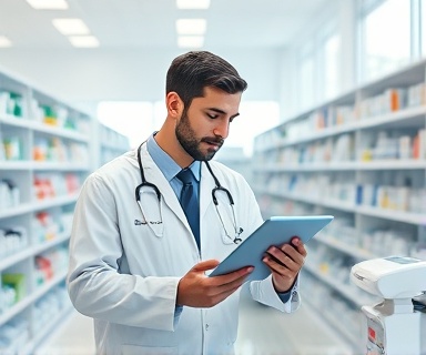 clinical pharmacy, attentive pharmacist, consulting digital tablet, photorealistic, modern pharmacy with digital prescriptions and medication conveyor, highly detailed, digital interface animations, UHD, bright whites and pastel accents, natural window lighting, shot with a 35mm prime lens.