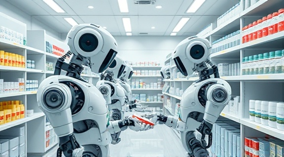 pharmacy of the future, automated robotic assistants filling prescriptions, creating efficient workflow, photorealistic, sterile and organized environment with high-tech automation, highly detailed, advanced robotics in operation, pristine white with chrome details, precise task lighting, shot with a zoom lens.
