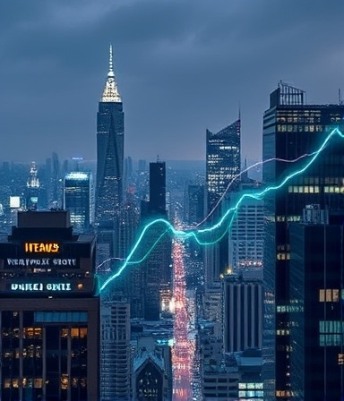 emerging AI trends visualization, forward-thinking and predictive, exploring future possibilities, photorealistic, set against a cityscape with skyscrapers, highly detailed, animated trend lines, crisp resolution, bright colors, under the glow of city lights, shot with a 50mm lens.