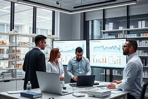 effective pharmacy strategy, collaborative, assessing market trends, photorealistic, sophisticated office with charts and digital research screens, highly detailed, team analysis on progress boards, sharp clarity, monochrome accents, focused artificial lighting, shot with an 85mm lens.