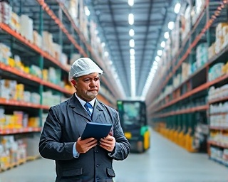 focused pharmacy audit, detailed, checking inventory on digital tablet, photorealistic, bustling pharmacy warehouse with towering metal shelves, highly detailed, forklifts moving in the background, 70-200mm lens, industrial palette, bright artificial light, shot with a Nikon Z7.