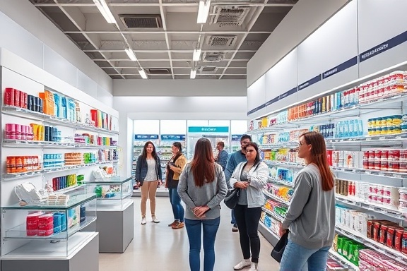 creative pharmacy promotion, vibrant, launching a new product line, photorealistic, indoor pharmacy with customers viewing the new products, highly detailed, sleek product displays, crisp clarity, rich colors, soft ambient lighting, shot with a 28mm lens.