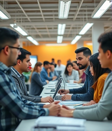 efficient marketing execution, confident, coordinating tasks, photorealistic, bustling agency environment with active staff, highly detailed, seamless workflow, 8K resolution, warm hues, fluorescent lighting, shot with a 70-200mm zoom lens