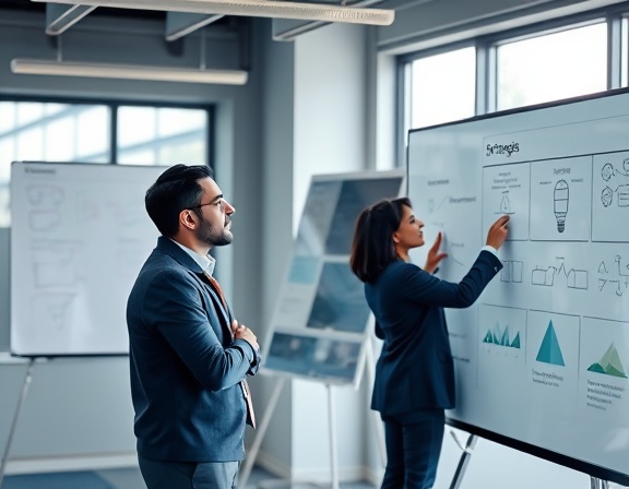 strategic AI strategy depiction, focused and visionary, outlining strategic goals, photorealistic, in a modern office setting with whiteboards, highly detailed, real-time collaboration depicted, high definition, sleek blues and greys, illuminated by natural light through windows, shot with a 85mm lens.