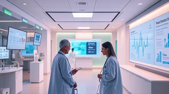 connected healthcare design, empathetic expression, engaging with technology for better outcomes, photorealistic, digital health hub with interactive screens, highly detailed, virtual elements overlay, 8k resolution, soft pastels, ambient mood lighting, shot with a 24mm lens