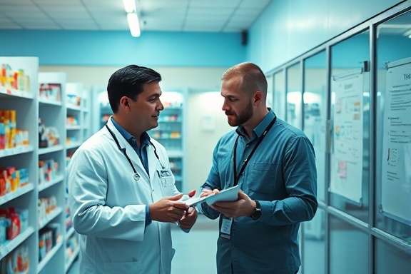 insightful consulting pharmacy, proactive, suggesting improvements for pharmacy layout, photorealistic, collaborative workspace with whiteboards and open space, highly detailed, pharmacists engaged in dialogue, 24mm lens, cool blue tones, artificial daylight, shot with a Fujifilm X-T4.