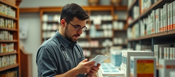 thoughtful compliance pharmacist, contemplative, cross-checking prescription data, photorealistic, traditional pharmacy counters with vintage wooden furniture, highly detailed, medicine boxes perfectly aligned, f/4 lens, warm earth tones, cozy ambient lighting, shot with a Canon EOS R5.