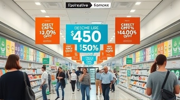 creative pharmacy promotion, cheerful, demonstrating discounts, photorealistic, modern pharmacy interiors with promotional banners, highly detailed, bustling customers and digital offers, crisp clarity, pastel tones, overhead lighting, shot with a 50mm lens.