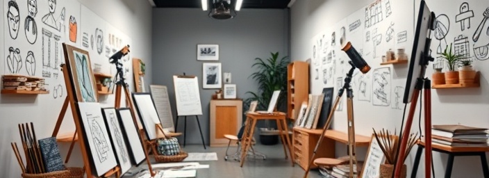 engaging marketing branding, inspired, designing logos, photorealistic, sleek studio filled with sketches, highly detailed, artistic concentration, 4K clarity, rich textures, soft spotlight, shot with a 24mm wide-angle lens