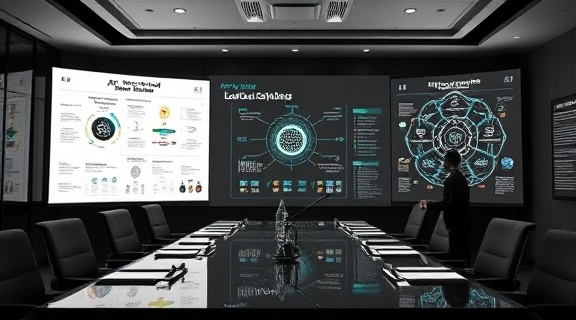 comprehensive AI strategy leading presentation, sharp and professional, illustrating key AI strategy points, photorealistic, within a conference room, highly detailed, flowcharts and diagrams, UHD quality, monochrome palette with color highlights, studio lighting, shot with a 70-200mm lens.