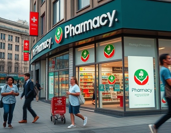 engaging pharmacy branding, confident, showcasing brand identity, photorealistic, urban outdoor advertising with logo and design displays, highly detailed, dynamic city life interaction, high definition, primary color scheme, natural light, shot with a 35mm lens.