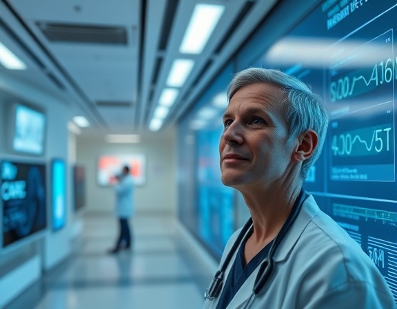 transformative experience innovation, curious expression, exploring new care models, photorealistic, futuristic healthcare facility with smart interfaces, highly detailed, digital displays in action, ultra HD quality, vibrant colors, diffused natural lighting, shot with a 50mm lens