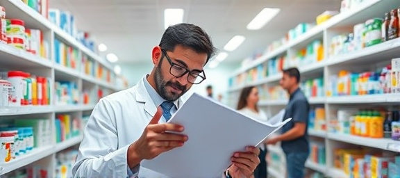 meticulous pharmacy audit, intensive, inspecting pharmaceutical records, photorealistic, brightly lit pharmacy with colorful medicine shelves, highly detailed, customers in background, f/2.8 lens, vibrant colors, overhead fluorescent lighting, shot with a Nikon D850.