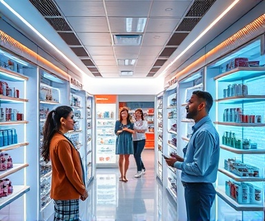 futuristic pharmacy, seamless integration of virtual and physical services, customers receiving personalized medicine, photorealistic, high-tech retail space with interactive smart shelves and digital assistants, highly detailed, futuristic holograms and AR applications, clean and modern aesthetic with neon accents, dynamic mixed lighting, shot with a tilt-shift lens.