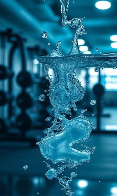 robust exercise compounds, energetic, being dissolved in water, photorealistic, at a gym with exercise equipment in the background, highly detailed, bubbles rising, sharp image, cool blue tones, focused spotlight, shot with an 85mm prime lens.